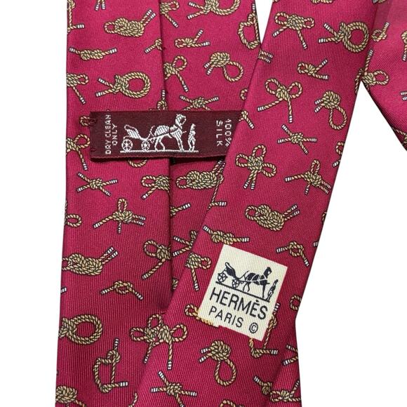 Vintage Hermes Deep Raspberry Pink/Red Silk Tie Sailing Knot Nautical 7321 MA - Picture 3 of 5